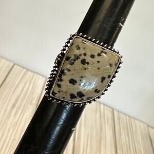 Geometric Dalmatian Jasper handmade ring stamped 925 silver overlay adjustable